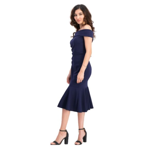 NWT Vince Camuto Off-Shoulder Flounced Crepe Dress Navy Size 8 - Picture 1 of 8